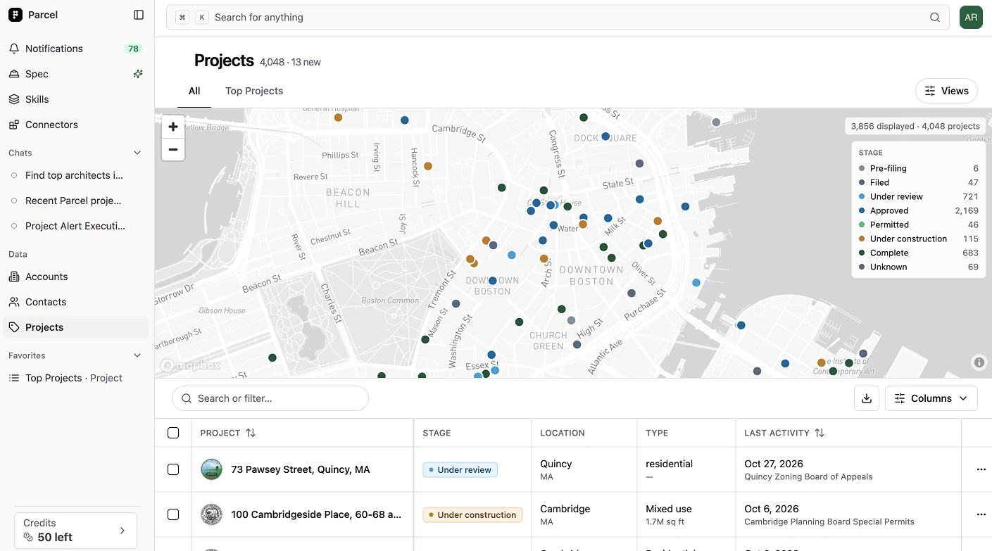 Parcel projects page: a map of downtown Boston with projects colored by stage, above a table of projects with their stage, location, type and latest filing.